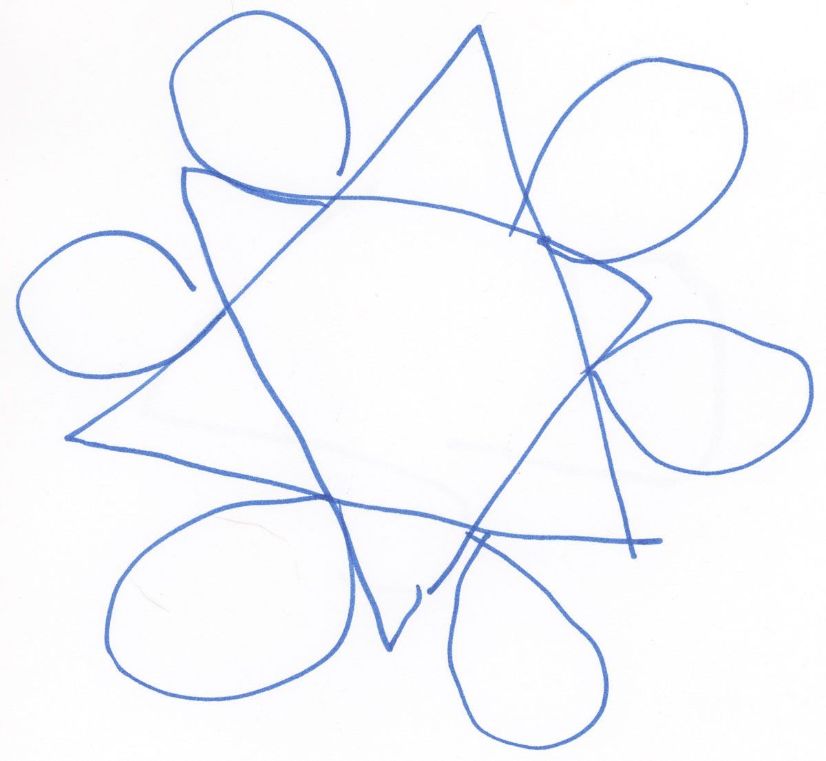 A child-drawn snowflake of triangles and circles overlayed and made with blue marker.
