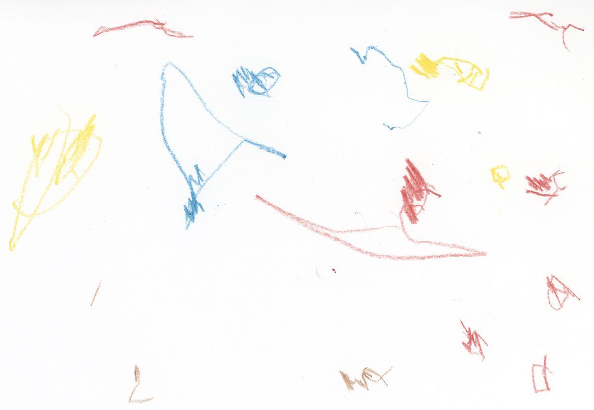 Child-drawn snowflakes made with scribbles of red, blue, and yellow crayons.