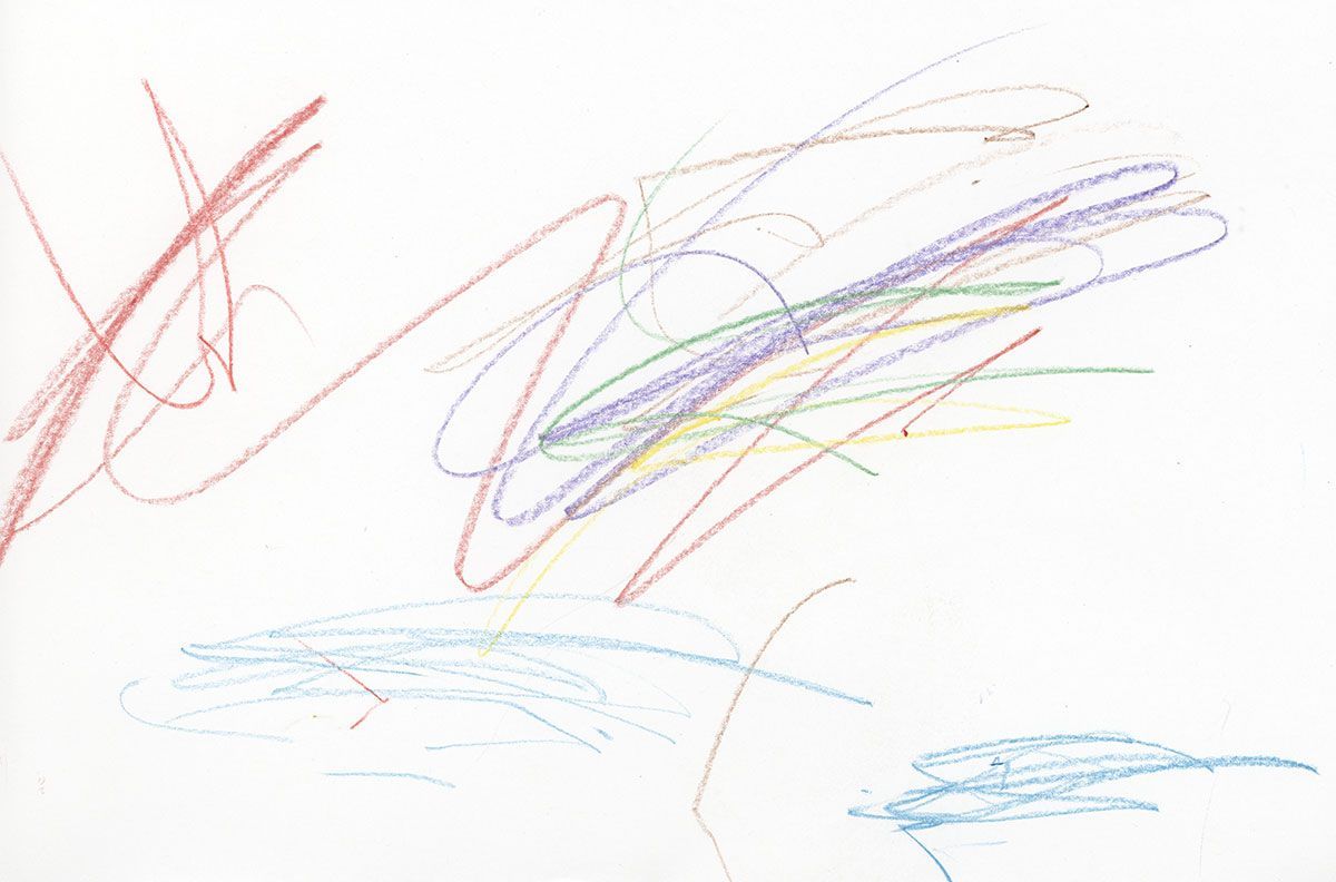 Child-made snowflakes made with scribbles of red, green, purple, yellow, and blue crayons.