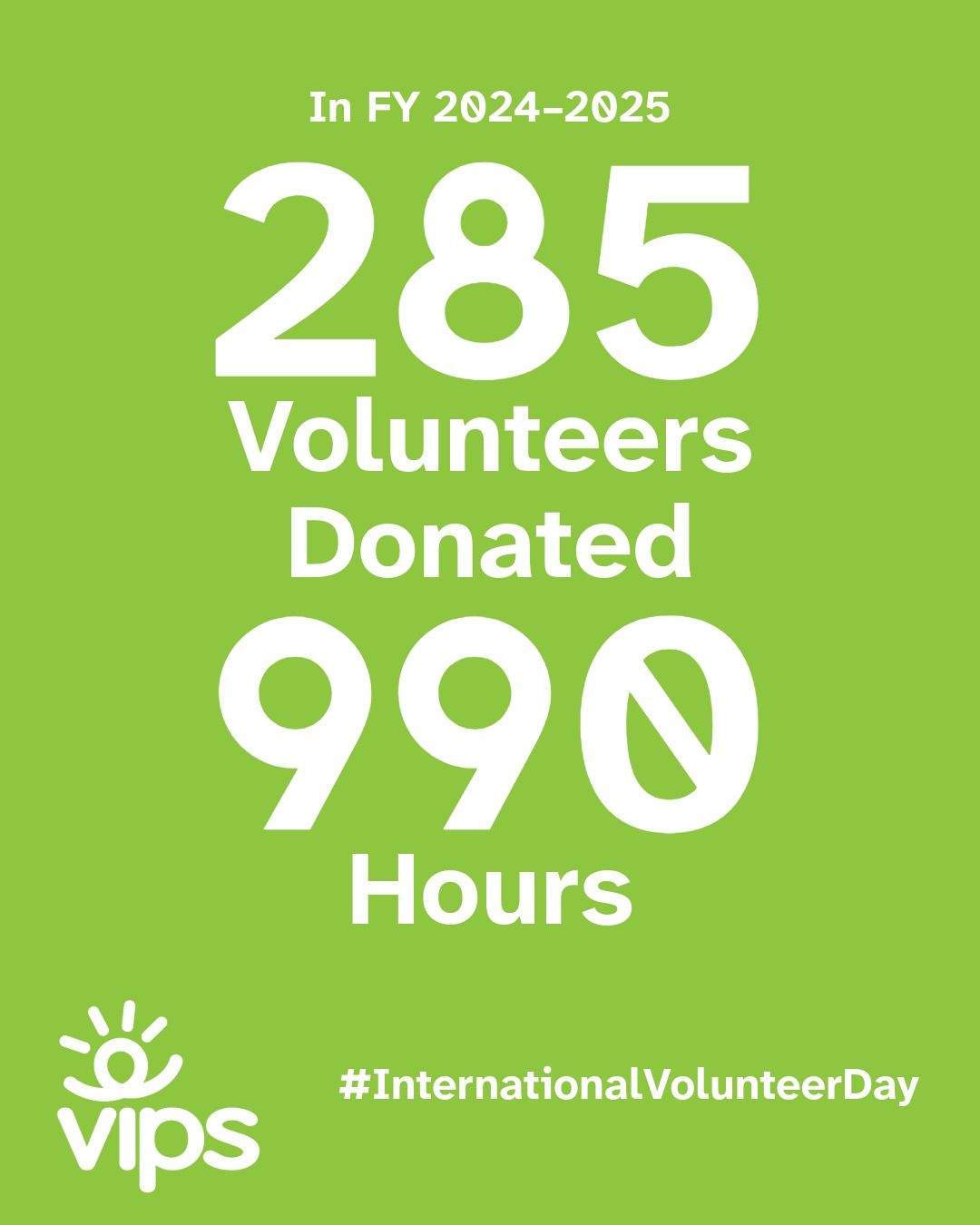 Graphic says, 'In FY 2024–2025 285 Volunteers Donated 990 Hours.' and #InternationalVolunteerDay with VIPS logo at the bottom.