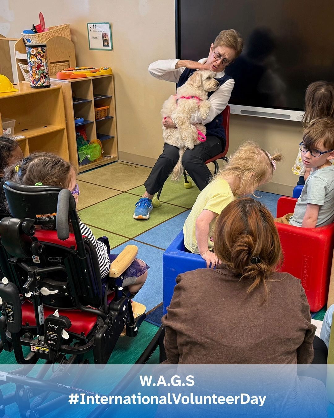 A volunteer from W.A.G.S. brings a therapy dog to a preschool class at VIPS Louisville.