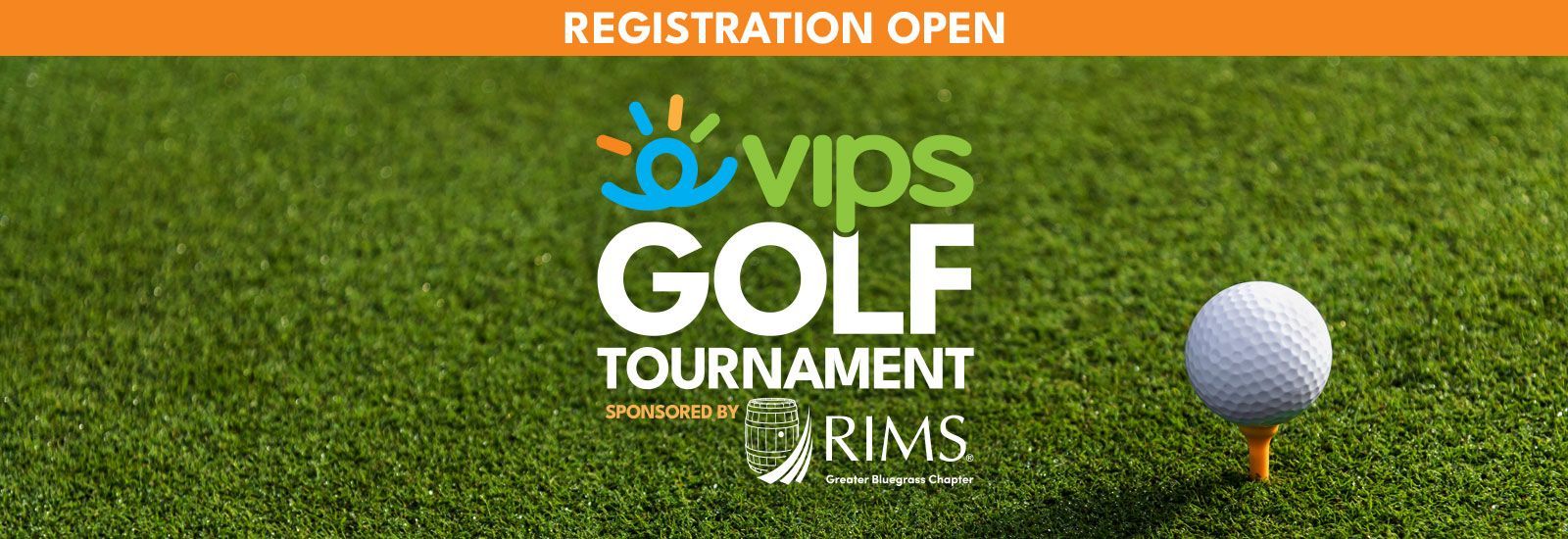 Page banner with VIPS Golf Tournament Sponsored by RIMS Greater Bluegrass Chapter logo against a putting green background