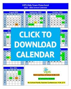 Screenshot of 25-26 VIPS Preschool Calendar with the text, 'Click to Download Calendar' overlayed.