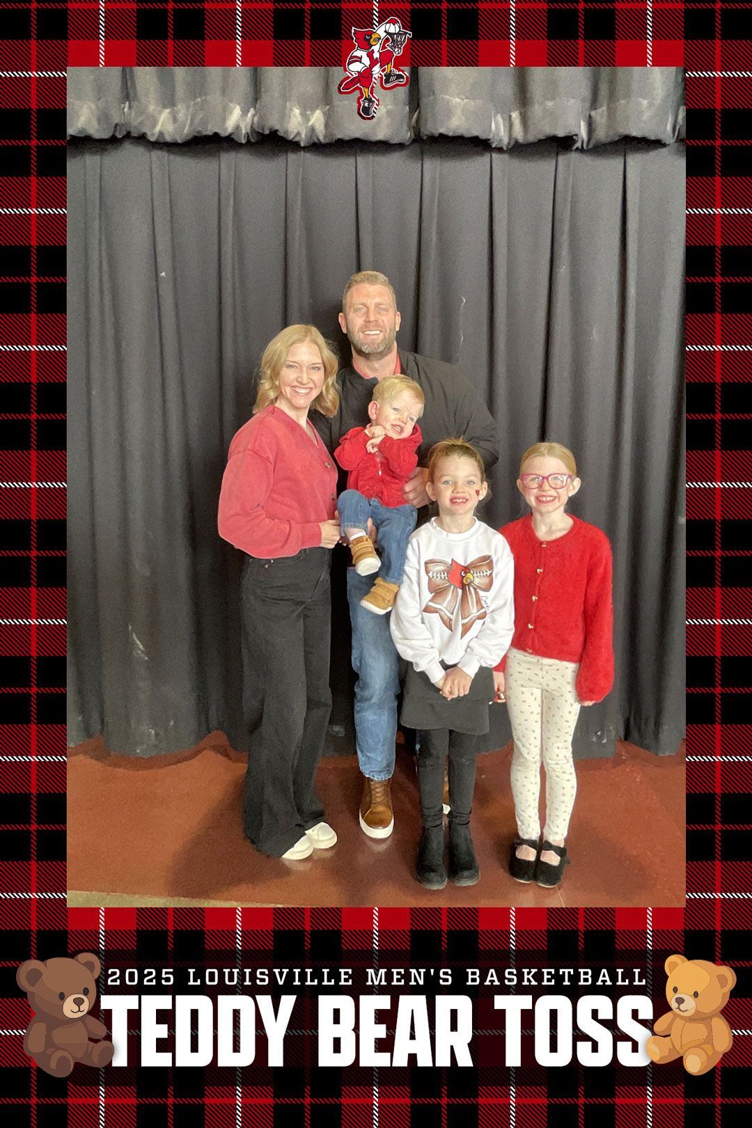 Wells and his family pose for a photo at the 2025 Louisville Men's Basketball Teddy Bear Toss.