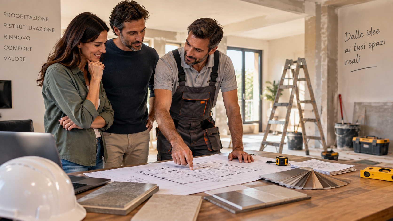 Tre persone esaminano i progetti architettonici attorno a un tavolo da lavoro in un cantiere edile illuminato dal sole.