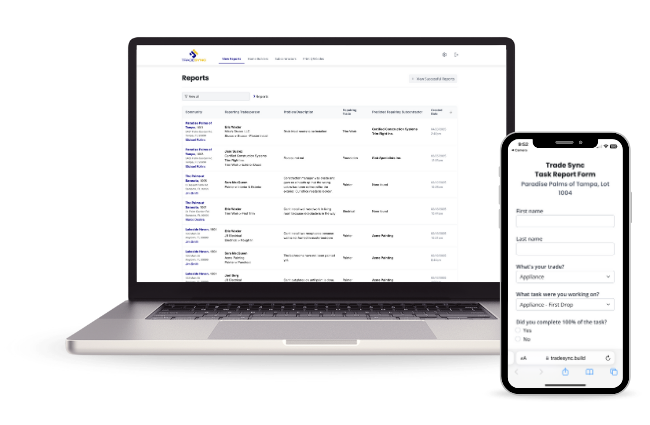 TradeSync QR-Code Powered Construction Software - Screenshots show the digital report form and reports sent to the managers.