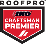 RoofPro logo with IKO Craftsman Premier badge in red, black, and white