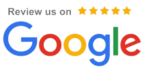 “Review us on Google” graphic with five gold stars and the multicolor Google logo