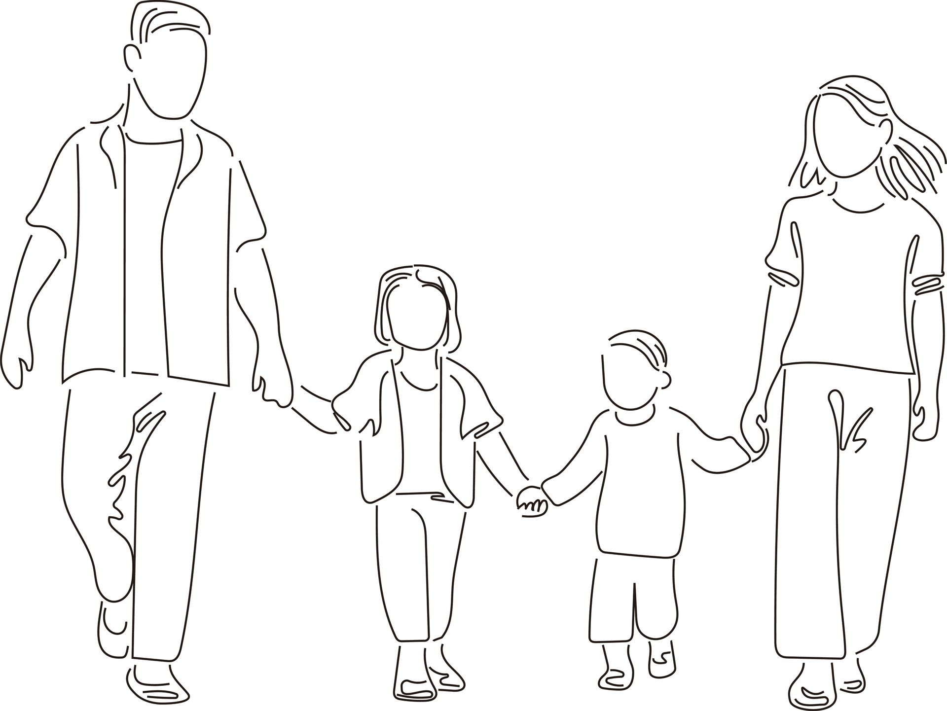 Eine Strichzeichnung einer Familie, die geht und Händchen hält.