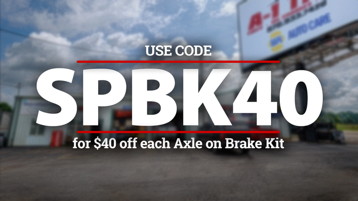 Promotional image for $40 off brake kits per axle using code SPBK40, displayed over a blurry auto shop background.