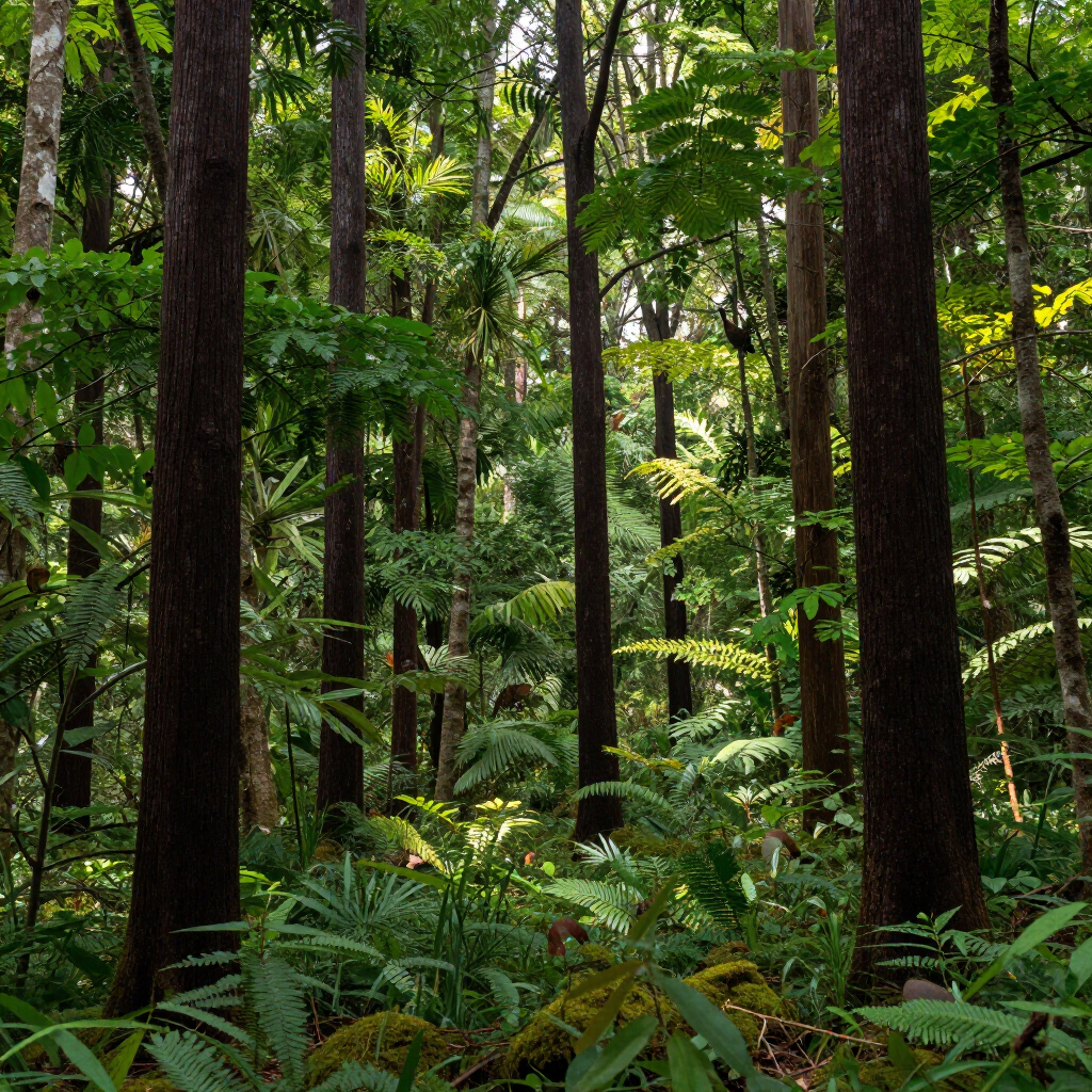 Lush green forest with tall tree trunks and dense ferns in dappled sunlight