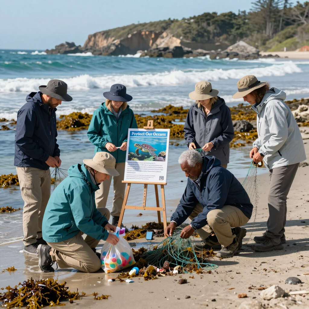Volunteers cleaning seaweed and debris on a beach beside an informational sign and easel
