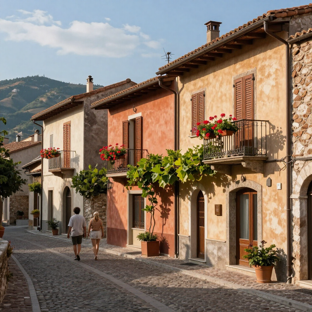 Sunlit cobblestone street in a rustic village with pastel houses, flowered balconies, and two people walking