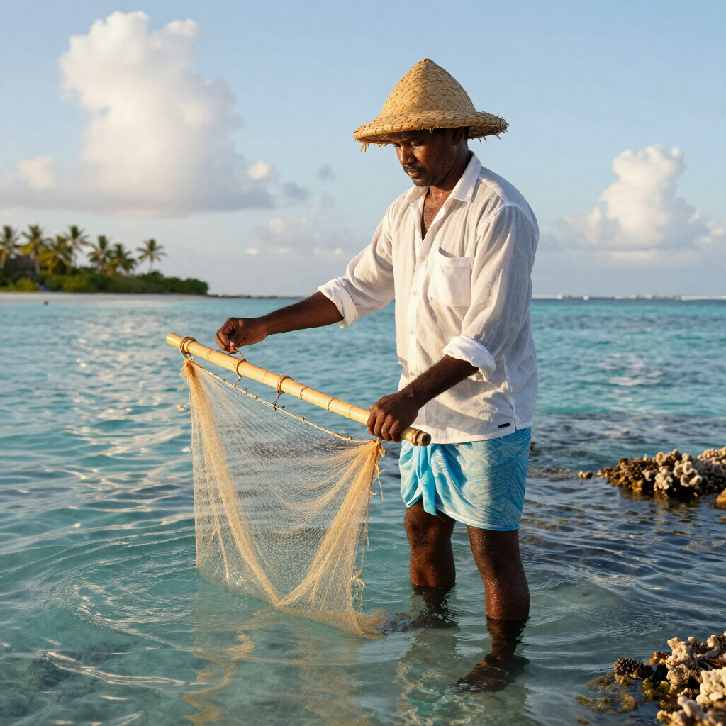 Traditional fisherman in a straw hat holding a fishing net in shallow tropical water near a rocky shore