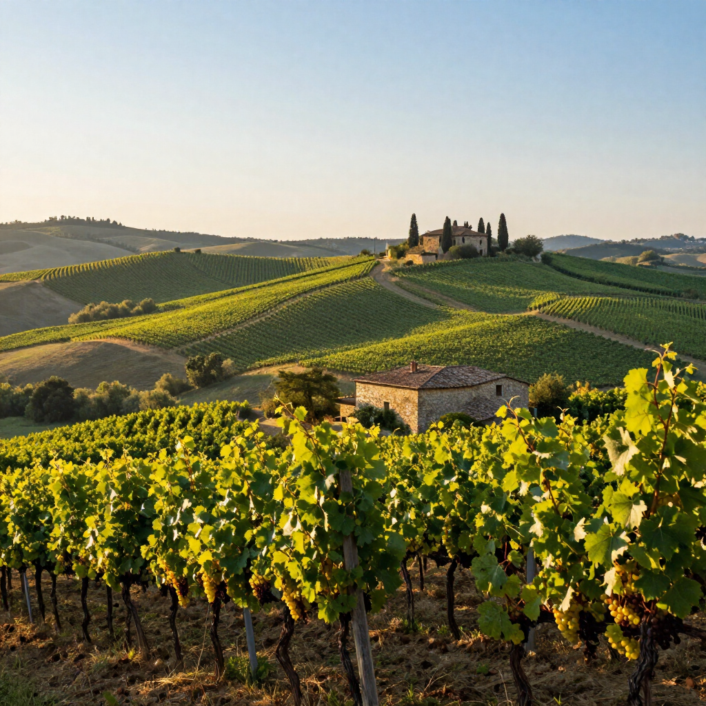 Sunlit vineyard rows on rolling green hills with a stone farmhouse and cypress trees in the distance