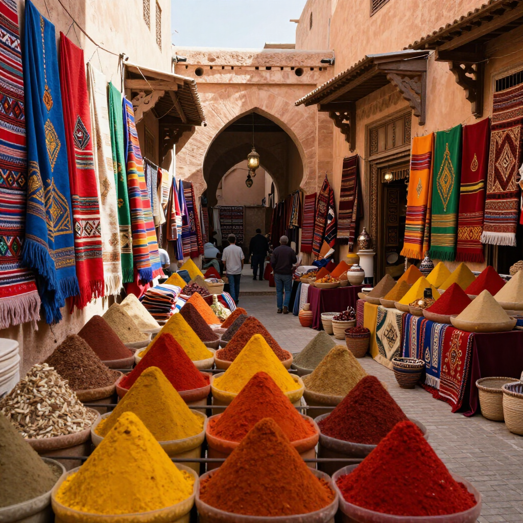 Colorful spice market alley with conical mounds of spices and hanging textiles under stone arches