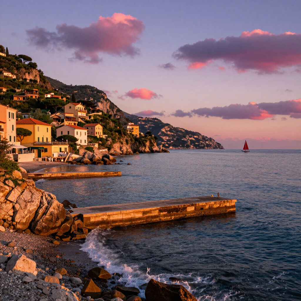 Coastal village at sunset with pastel houses, rocky shoreline, calm sea, and a small red sailboat in the distance