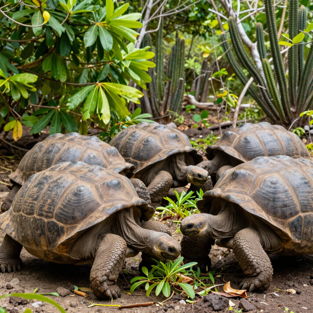 Several giant tortoises clustered together in a lush garden, facing each other on the ground