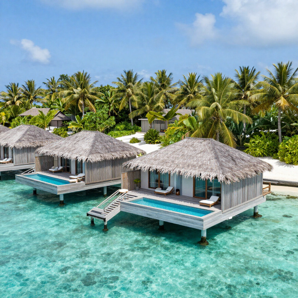 Overwater bungalows with thatched roofs in turquoise tropical lagoon, lined by palm trees