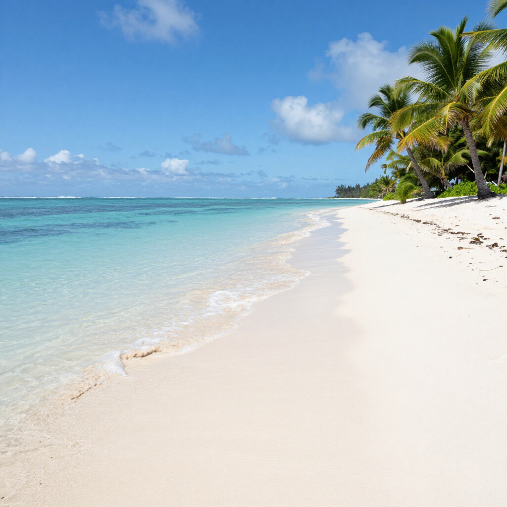 Tropical Mauritian beach with white sand, turquoise water, and palm trees under a clear blue sky