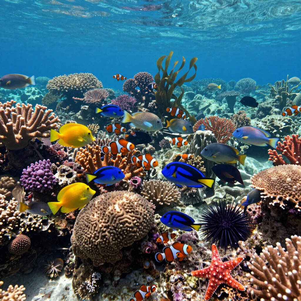 Colorful tropical fish swimming above a vibrant coral reef in clear blue water
