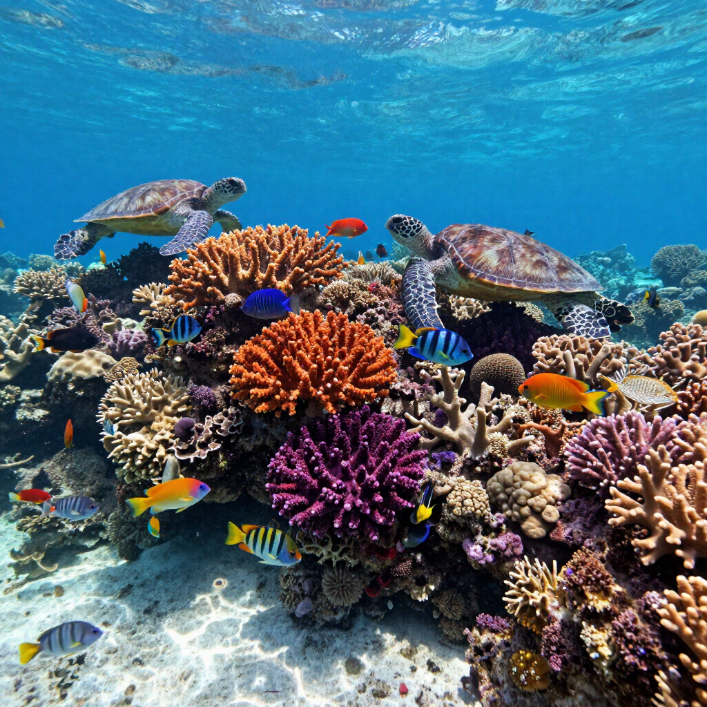 Colorful Maldivian coral reef with sea turtles and tropical fish swimming over vibrant corals in clear blue water