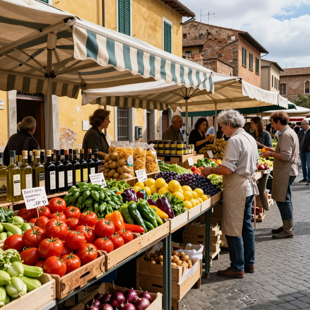 Open-air market stall with tomatoes, peppers, lemons, and shoppers under striped awnings