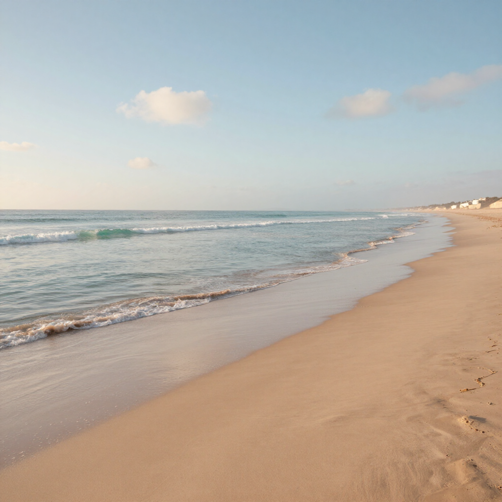 Sunny beach with gentle waves, blue sky, and a long sandy Moroccan shoreline