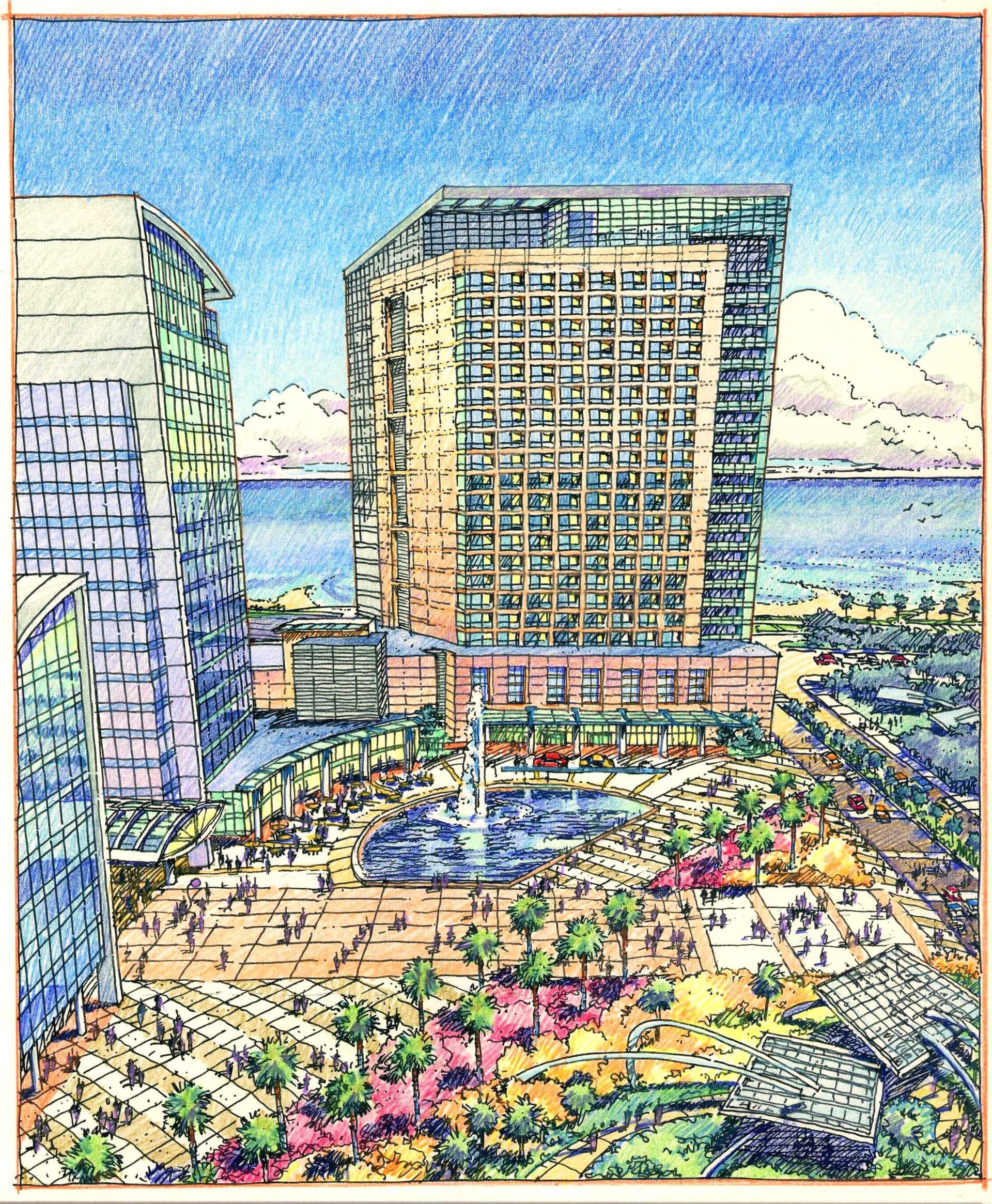 A drawing of a city with a large building in the middle