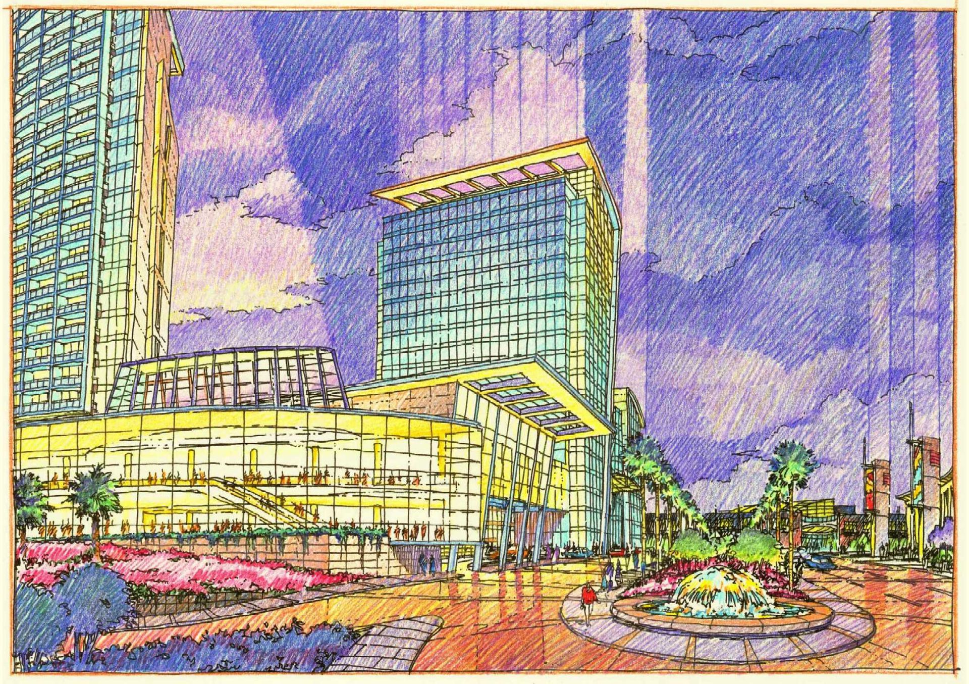 A drawing of a large building with a fountain in front of it