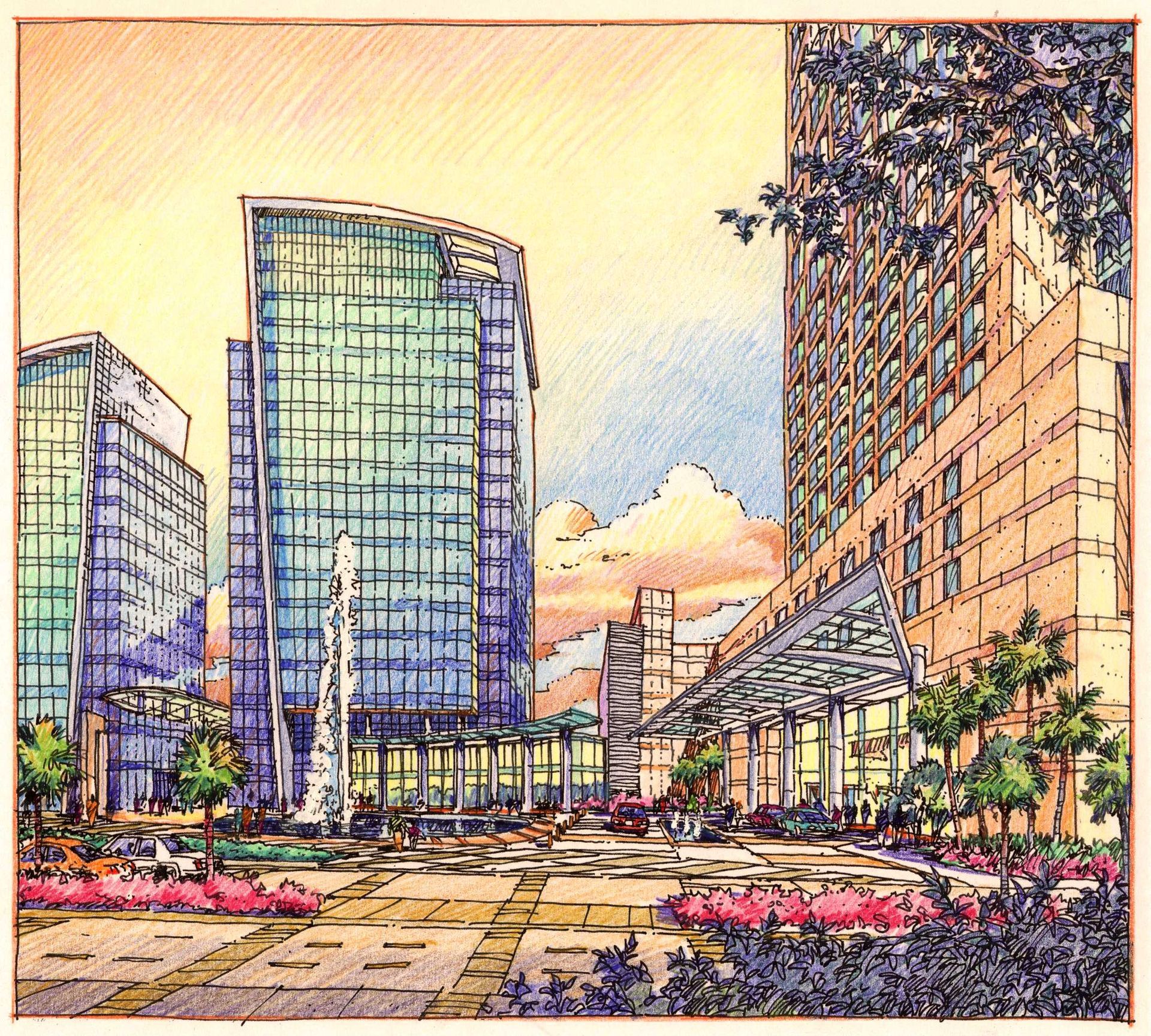 A drawing of a city with tall buildings and a fountain