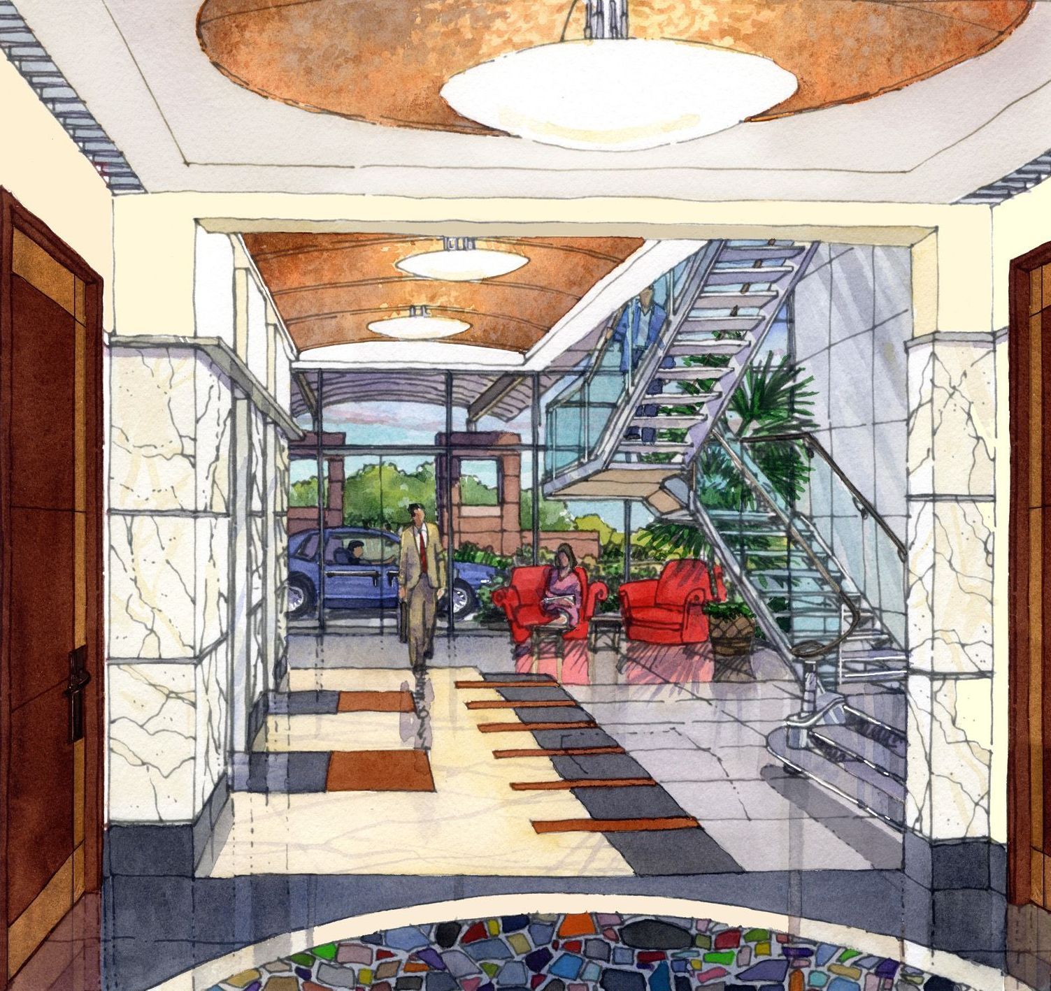 A drawing of a hallway with stairs and chairs