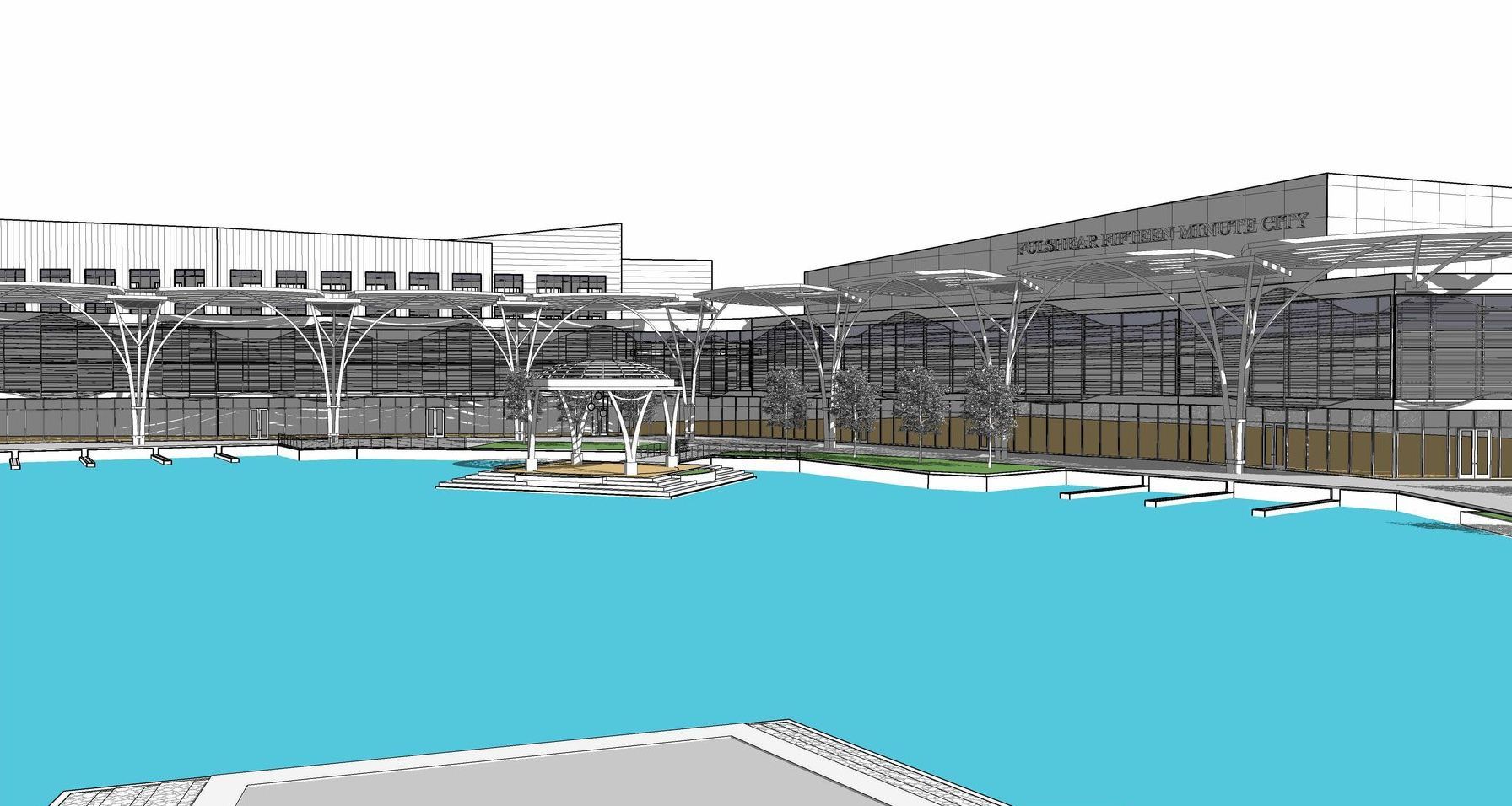 A 3d model of a swimming pool with a bridge in the background.