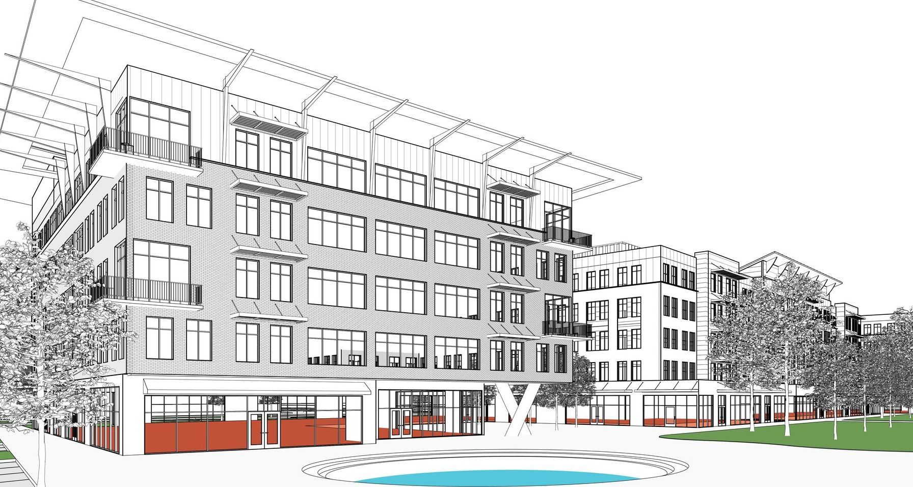 A black and white drawing of a large building with a pool in front of it.