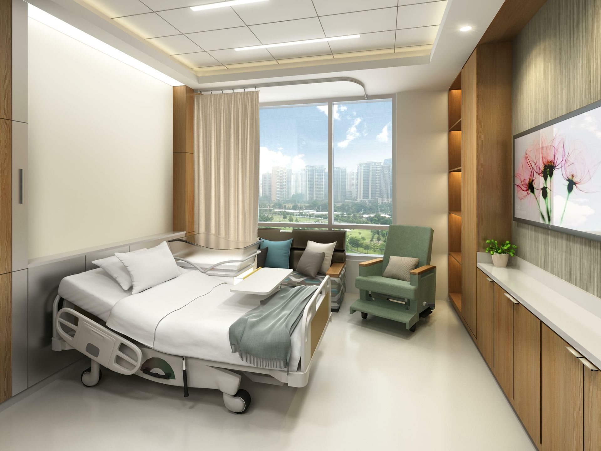 An artist 's impression of a hospital room with a bed , chair and television.