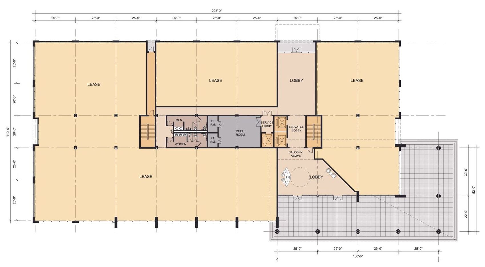 A floor plan of a large building with a balcony