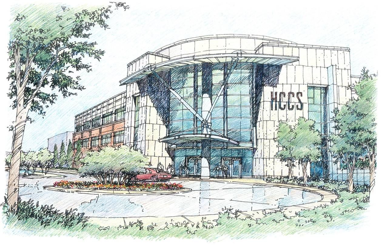 A drawing of a building with the word hccs on it