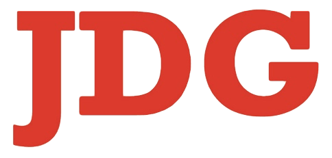A red jdg logo on a white background