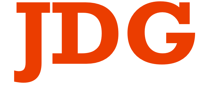A red jdg logo on a white background