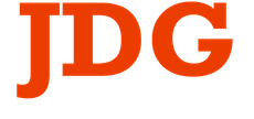 A red jdg logo on a white background