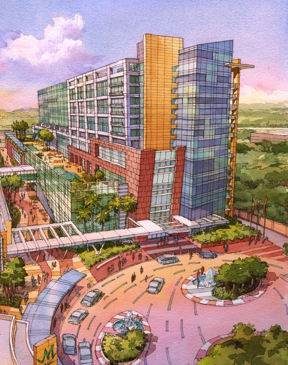 An artist 's impression of a large building with lots of windows