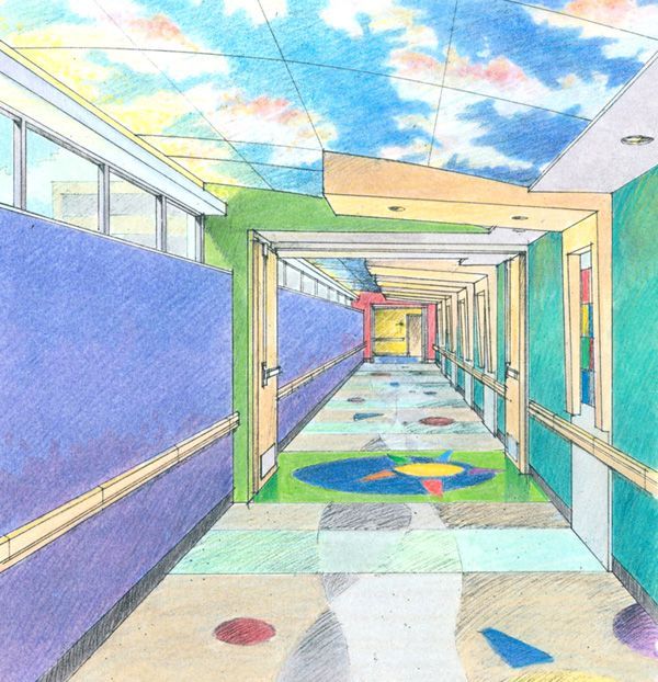 An artist 's impression of a hospital hallway