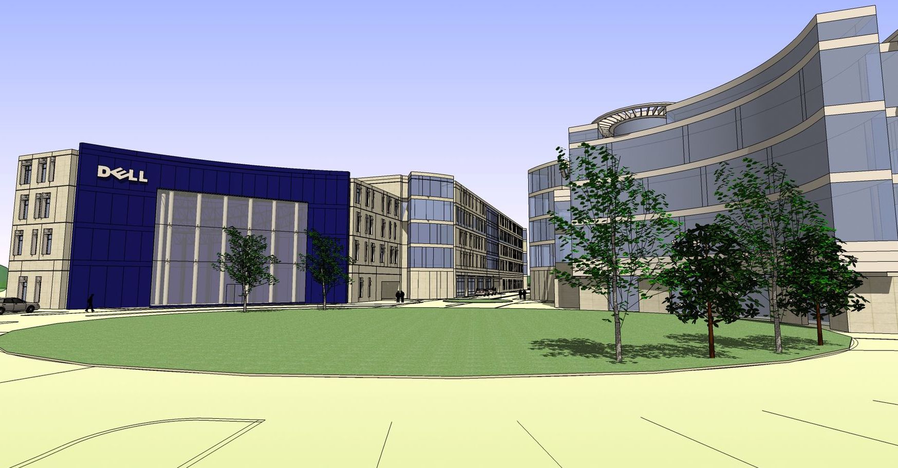 A drawing of a building with the word dell on it