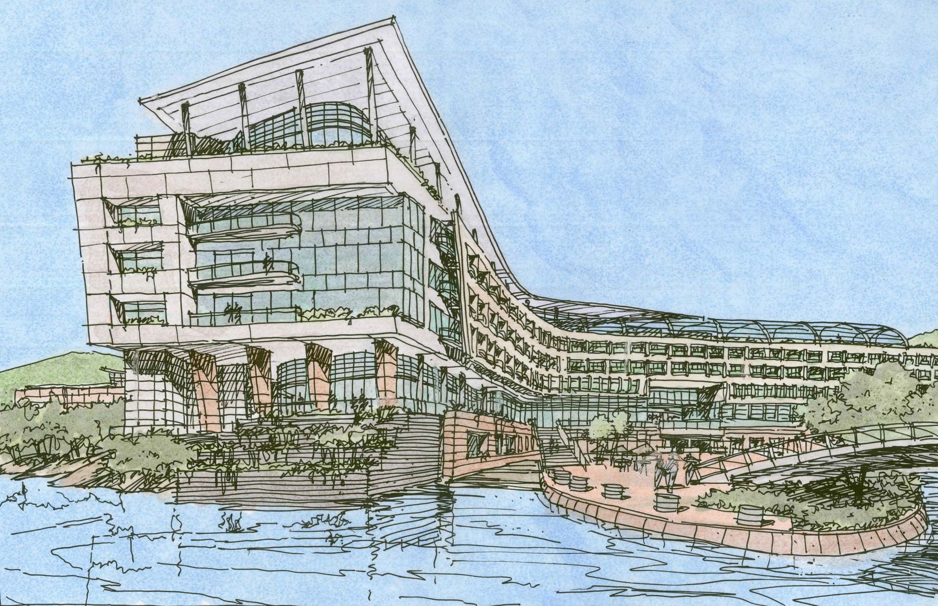 A drawing of a building with a lot of windows