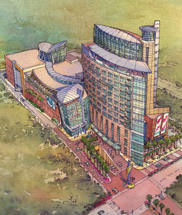 An aerial view of a large building with a sign that says 99 on it