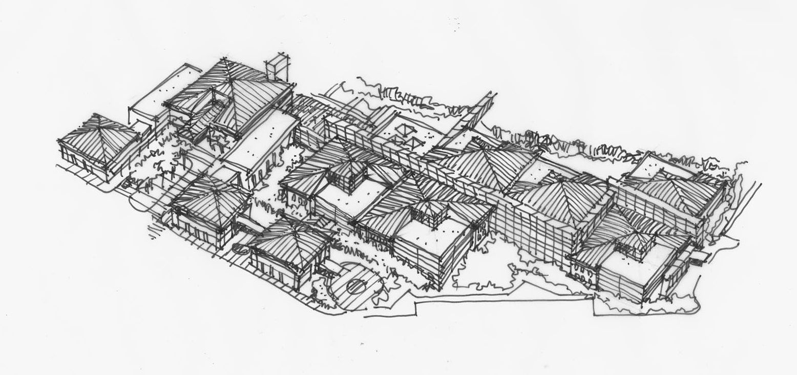 A black and white drawing of a large building on a white background.