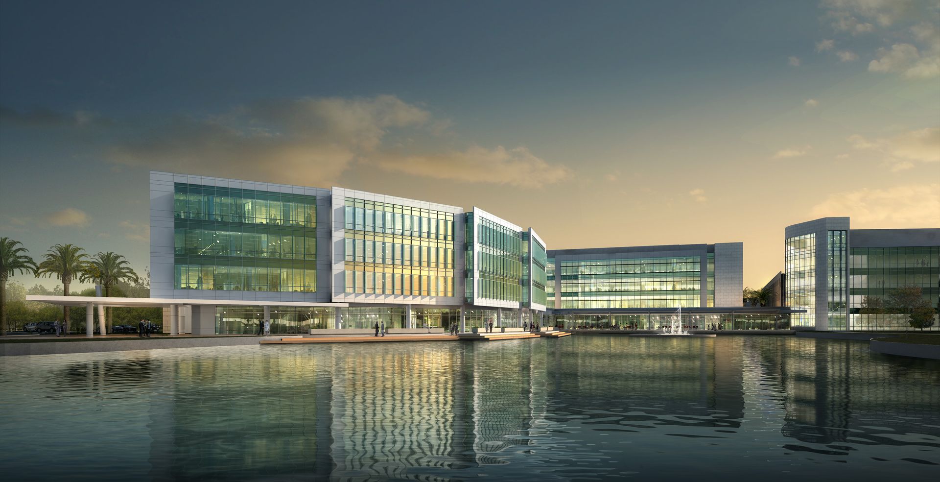 An artist 's impression of a large building next to a body of water.