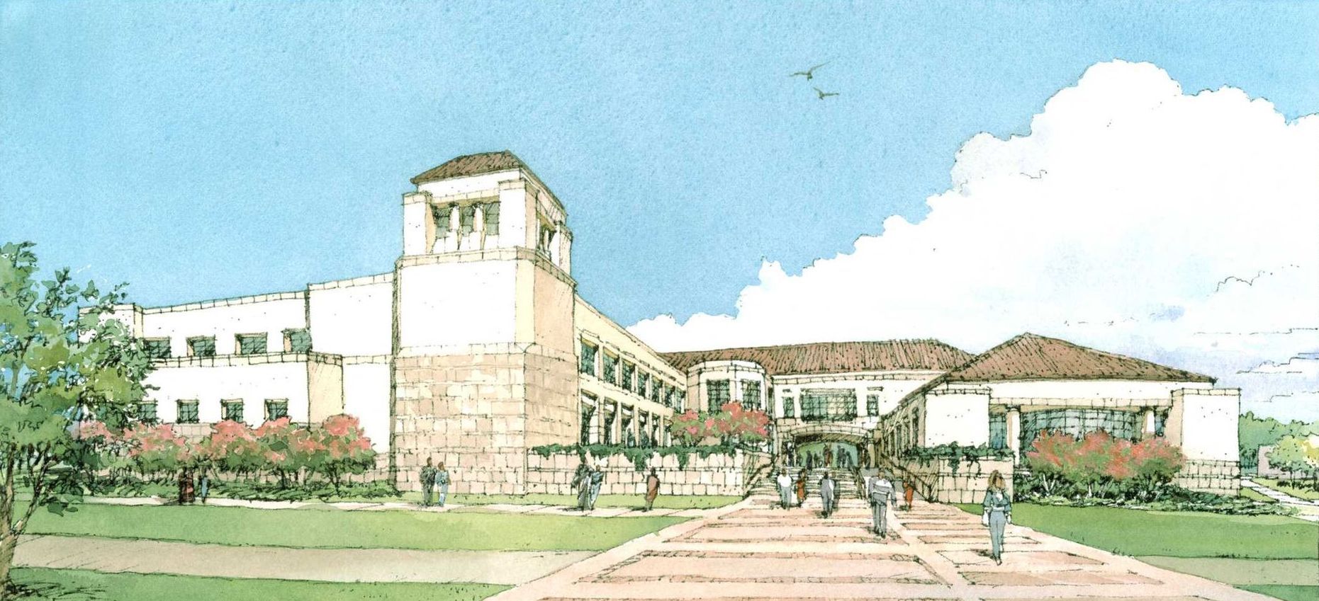 A drawing of a large building with a clock tower
