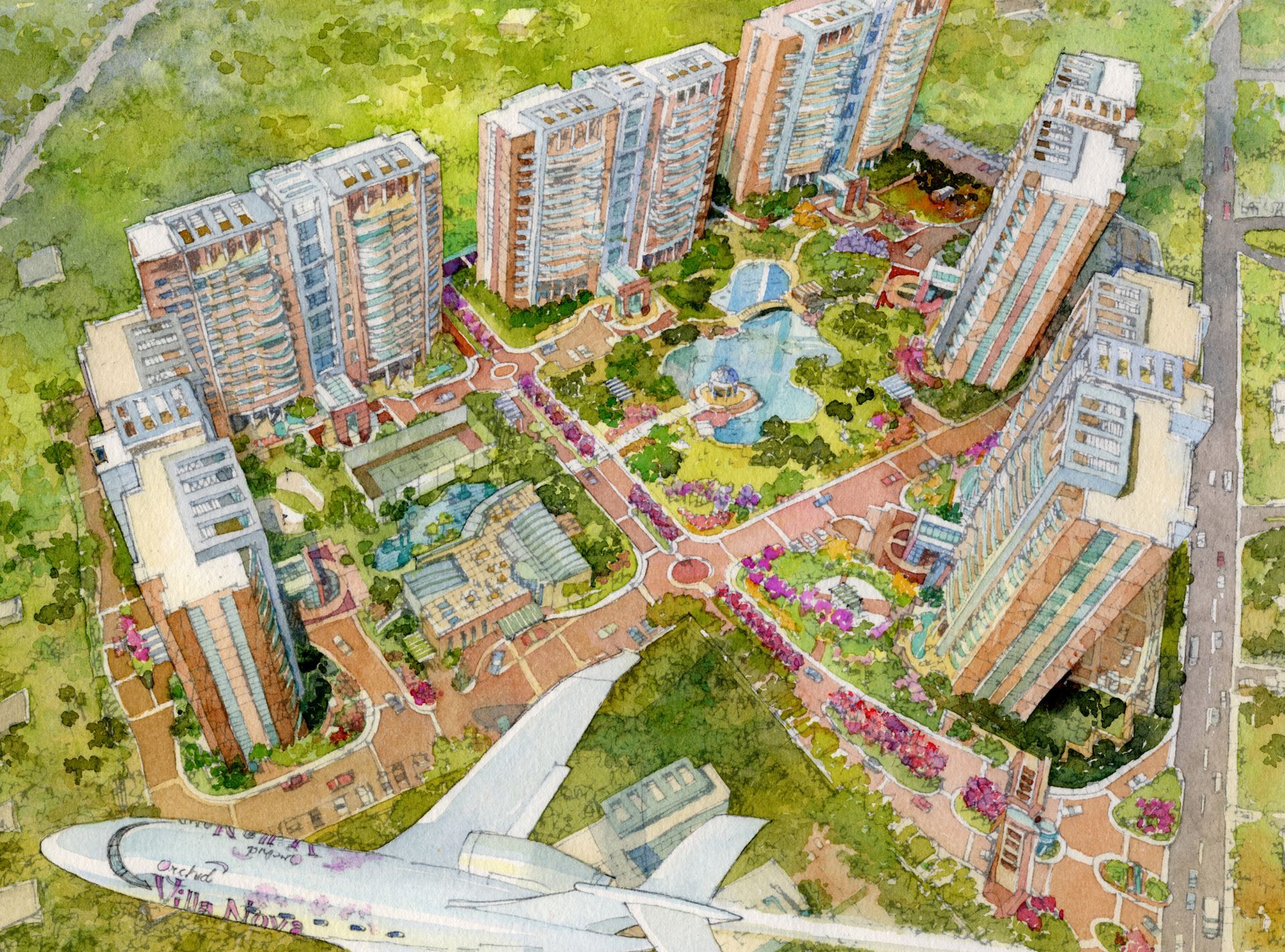 An aerial view of a city with a plane in the foreground