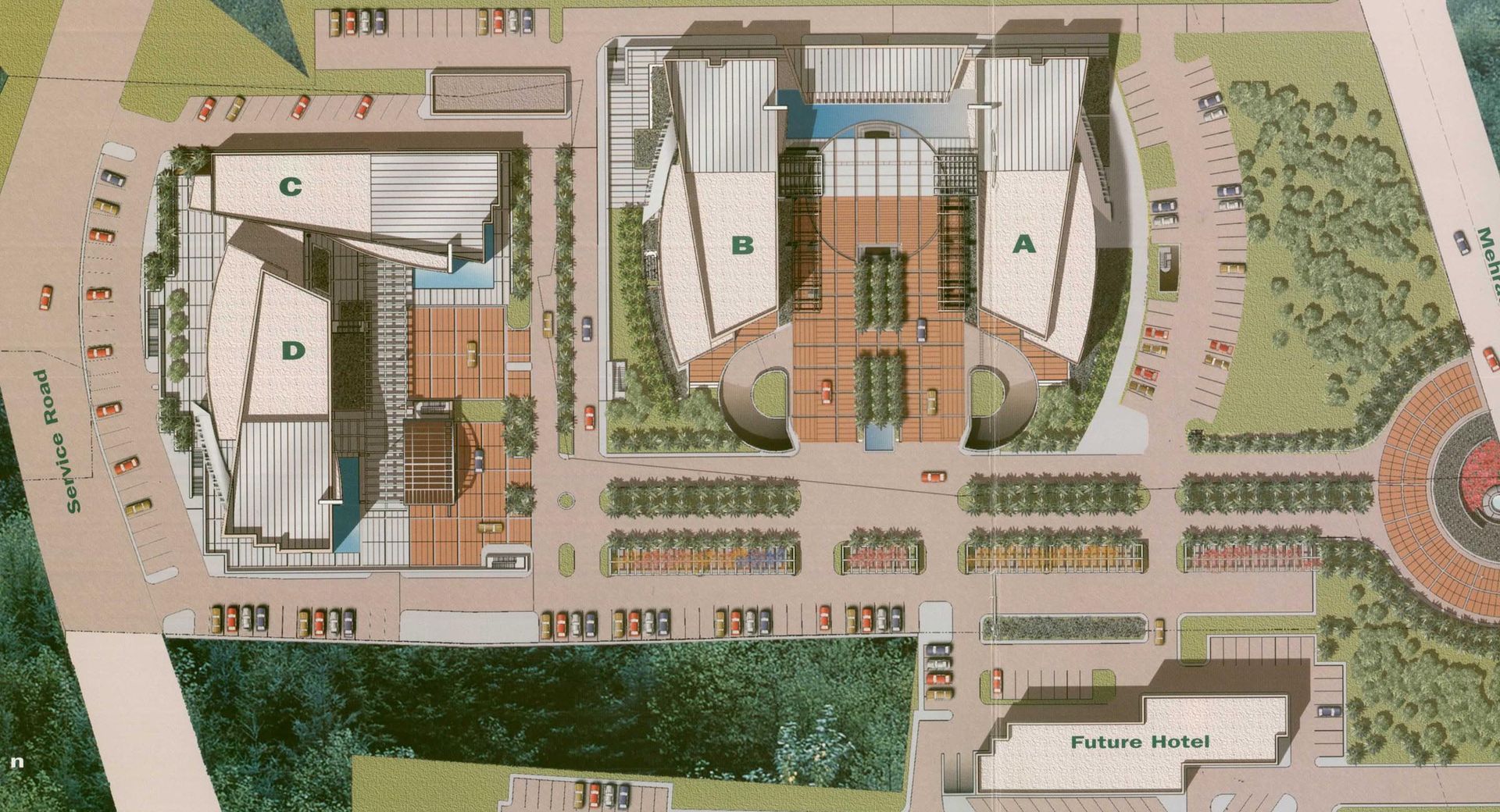An aerial view of a building with a lot of buildings